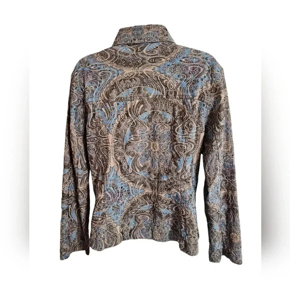 Analogy Paisley Print Denim Jacket XL Western Boho Snap Front Stretch Earthy 90s - Picture 3 of 6